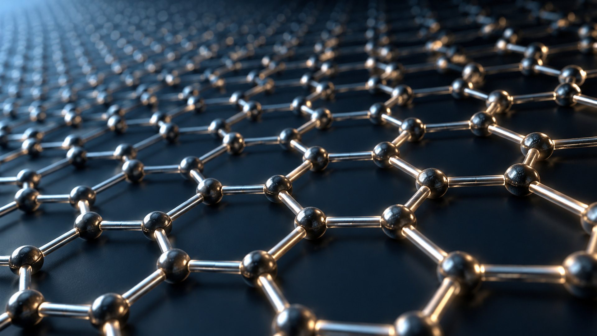 Close-up 3D render of a graphene heterostructure lattice with gold-colored atomic bonds